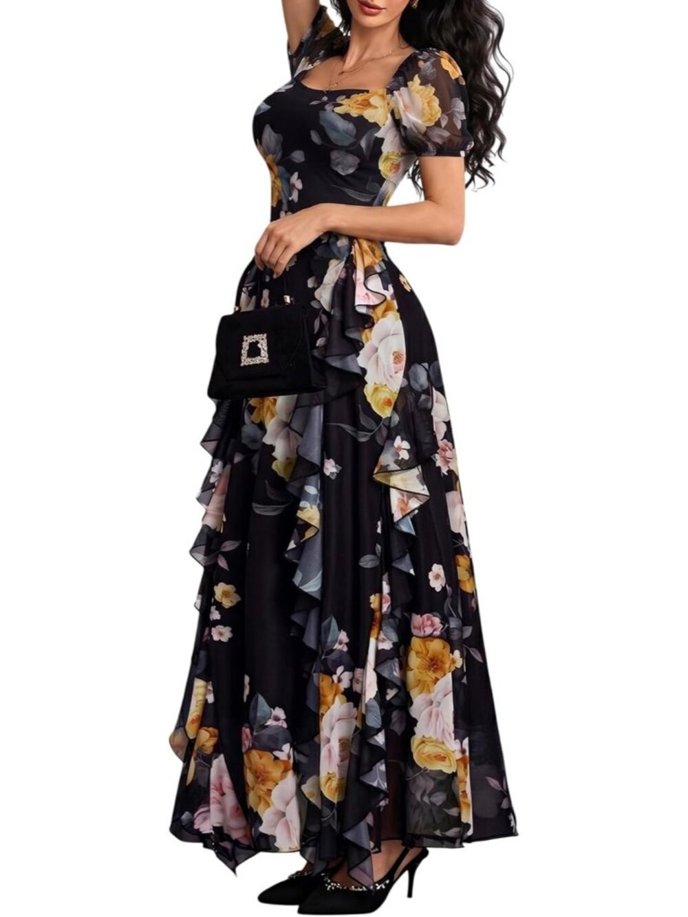 Women's White Floral Square Neck Puff Sleeve Ruffle Stretch Mesh Fabric Dresses